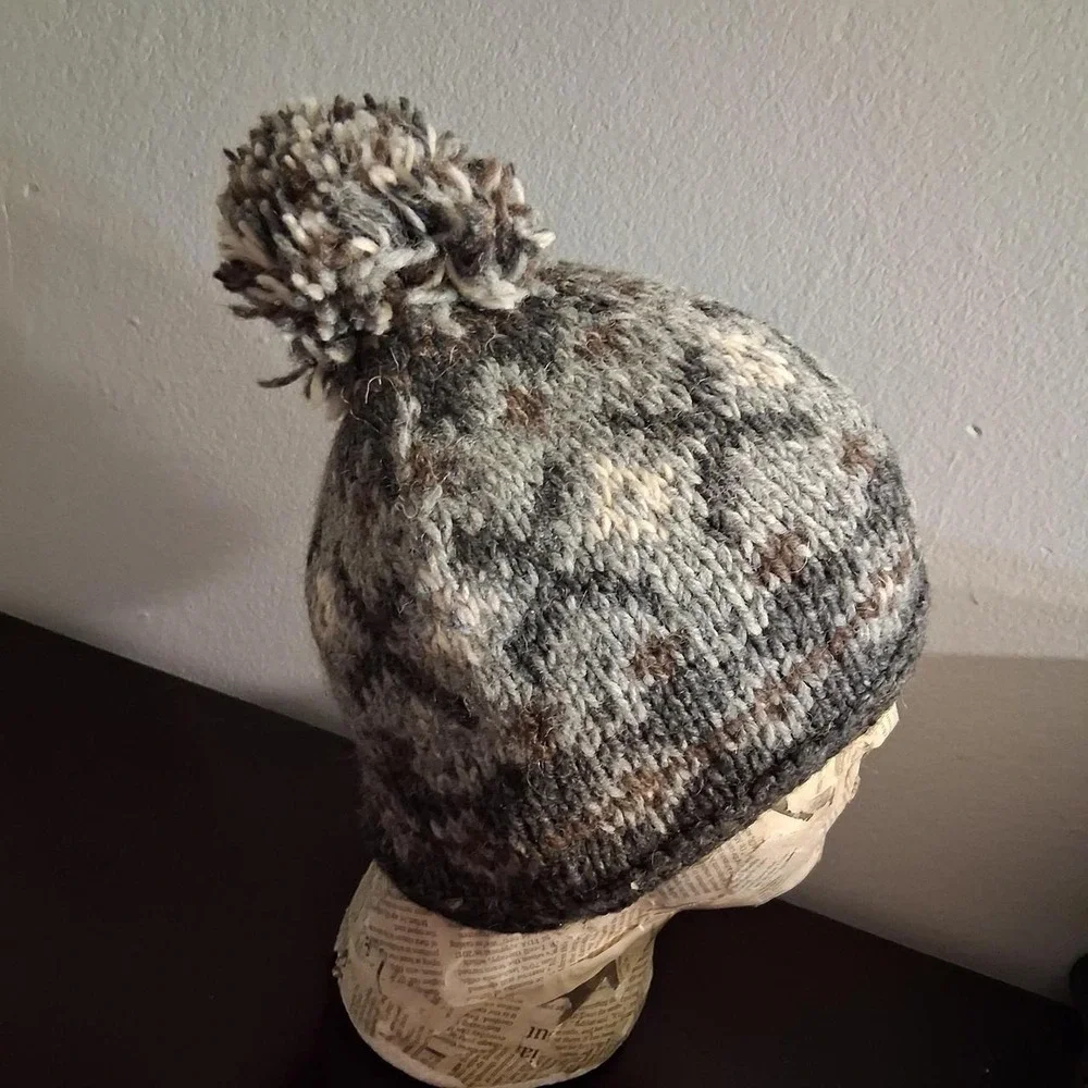 Womens Wool gray, brown, and beige knit beanie with pom pom